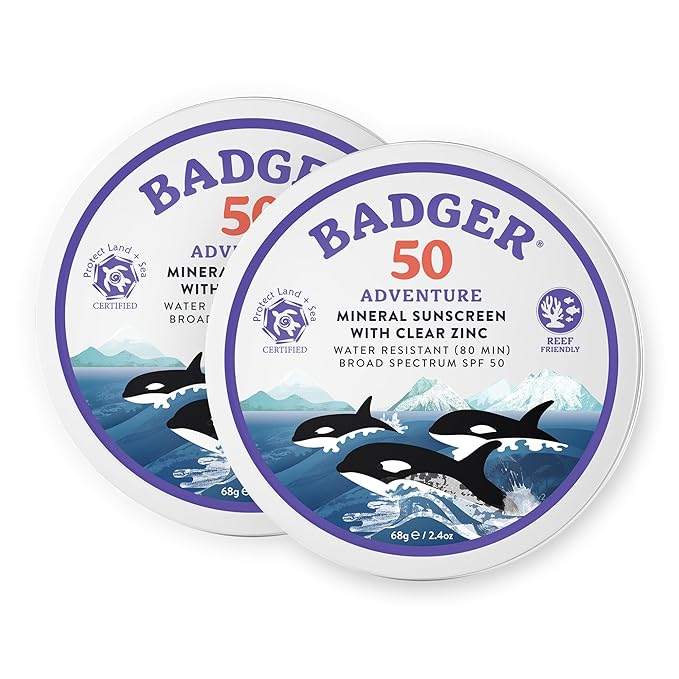 Badger Reef Safe Mineral Sunscreen, SPF 50, 98% Organic with Zinc Oxide, Non Toxic, Water Resistant, Unscented & Hypoallergenic, Broad - Spectrum, For Adventure, Travel & Sport, 2.4 oz Tin (2 Pack)