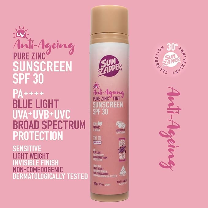 Sun Zapper Anti-Aging Pure Zinc Sunscreen SPF 30 Tinted – Organic Mineral Face Sunscreen, 25% Non-Nano Zinc Oxide, Reef Safe, Vegan, Broad Spectrum PA++++, 100g (3.5 oz) Pump, Australian Made