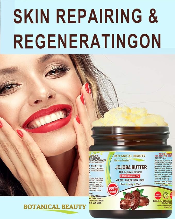 Botanical Beauty JOJOBA OIL BUTTER RAW VIRGIN UNREFINED for Face, Body, Hair, Nails. Dry Skin, Cracked Hands, Eczema, Psoriasis Rashes, Itchiness, Redness (8 Fl Oz)