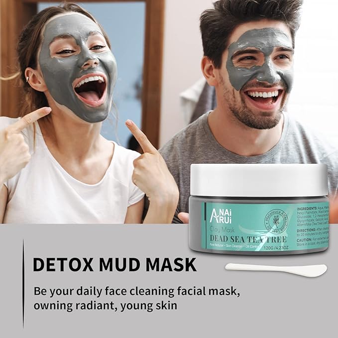ANAI RUI Dead Sea Mud Mask with Tea Tree Oil & Salicylic Acid, Charcoal, Blackhead Remover, Pore Cleanser, Great for Acne-Prone Oily Skin, Detox Acne Face Mask for Women and Men