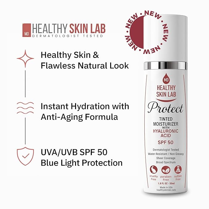 Healthy Skin Lab Protect Tinted Moisturizer SPF 50, Sheer Universal Tint, Lightweight Hydrating Mineral Sunscreen for Face, Hyaluronic Acid, Broad Spectrum Daily SPF, Dermatologist Tested, 1.8 oz