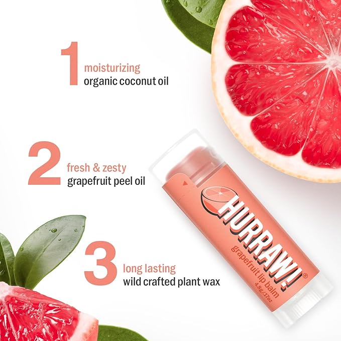 Hurraw! Grapefruit Lip Balm: Organic, Certified Vegan, Cruelty and Gluten Free. Non-GMO, 100% Natural Ingredients. Bee, Shea, Soy and Palm Free. Made in USA