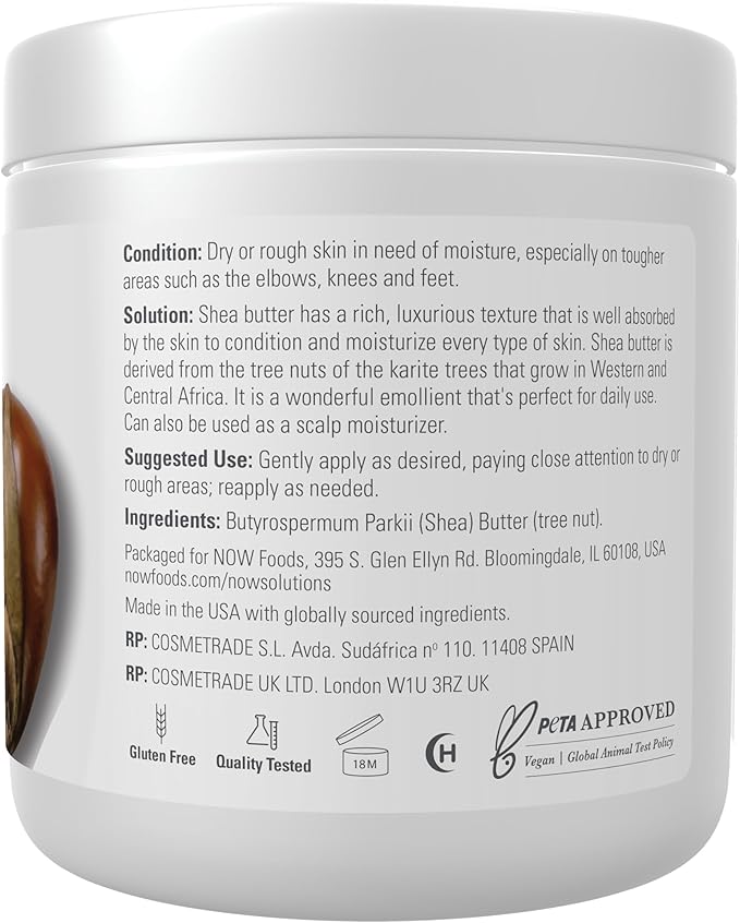 NOW Foods Solutions, Shea Butter, Skin Emollient, Seals in Moisture for Dry Rough Skin, 7-Ounce