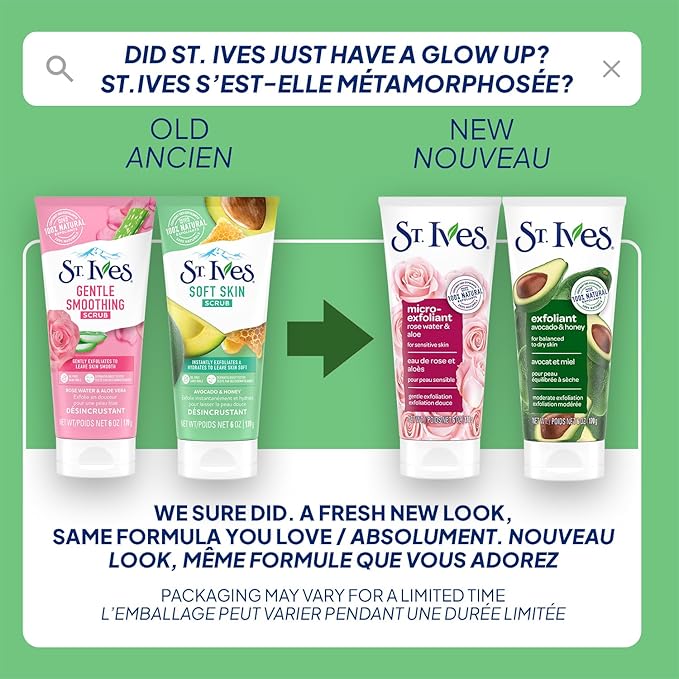 St. Ives Face Scrub, Exfoliant Variety 2-Pack – Avocado & Honey + Rose Water & Aloe Vera Microexfoliant for Balanced, Dry & Sensitive Skin