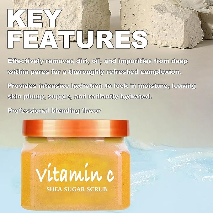 Facial Scrub Vitamin C Shea Sugar Scrub Ultra Hydrating and Exfoliating for Nourishing Essential Body Care Improves Acne Scars, Blackheads, Pore Size, and Skin Texture