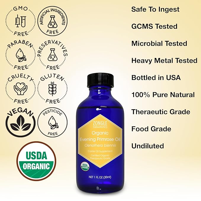 Zongle Therapeutics Organic, Evening Primrose Oil, Liquid – 100% Pure, Evening Primrose Oil, 4 OZ