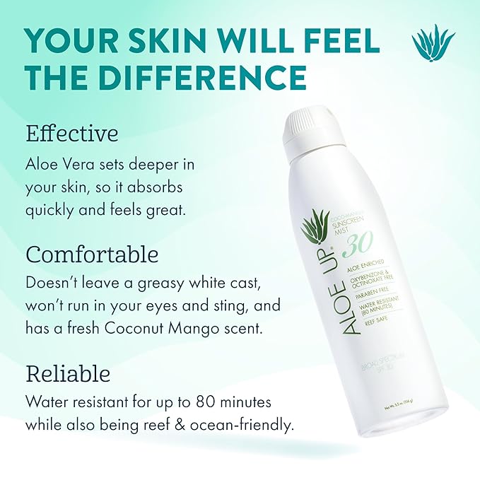 Aloe Up White Collection SPF 30 | Sunscreen Spray Mist for Face & Body with Aloe Vera Gel | Water Resistant up to 80 Minutes | Reef Friendly, Non Greasy, Fast Absorbing | Coco Mango Fragrance 4 Oz