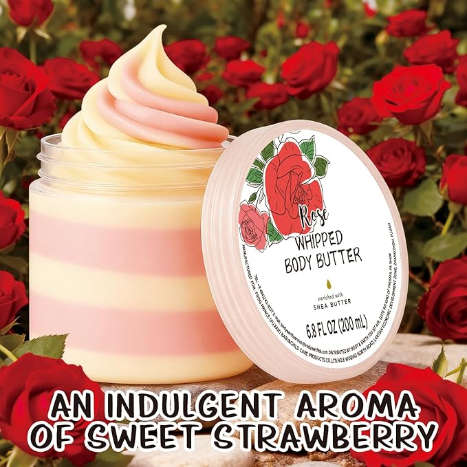 Rose Whipped Body Butter, Shea Body Butter for Women Dry Skin, Natural Rose Lotion for Body Moisturizer-Deep Moisturizing and Softening-6.8 floz(200ml)