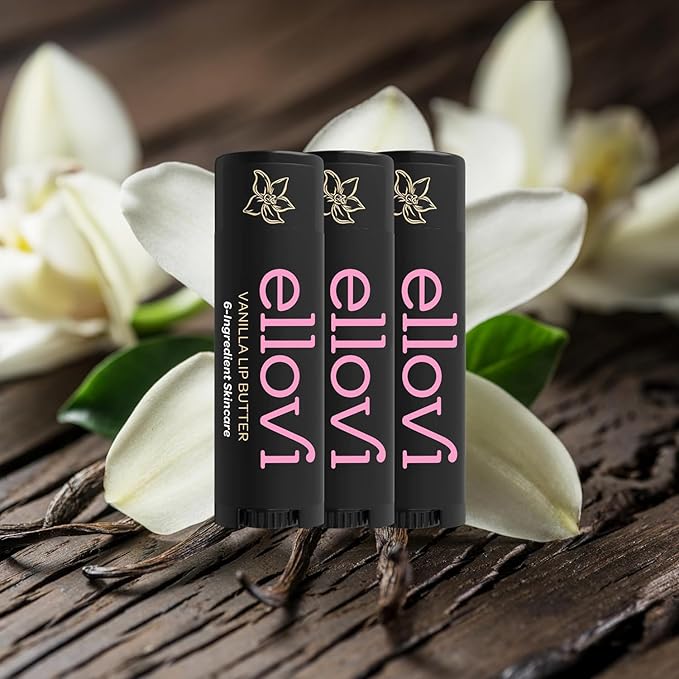Ellovi Natural Lip Butter Lip Balm - Vanilla - Pure Enough to Eat - Made With Just 6 Vegan Ingredients - 100% Natural & Organic Moisturizing Lip Care for All Day Hydration (3-Pack)