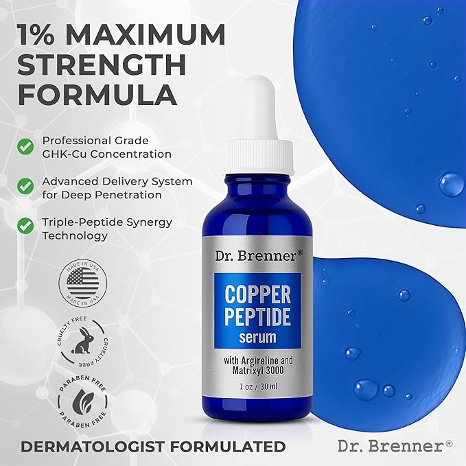 Dr. Brenner Copper Peptide Serum with GHK-Cu peptide, Argireline and Matrixyl 3000 Anti-Aging Moisturizer for Fine Lines and Skin Elasticity (1 oz.)