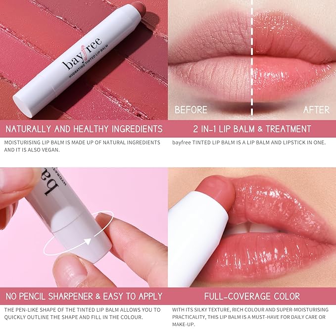 bayfree Tinted Lip Balm Plumper, Glossy, Pump Lips, Lightweight, Moisturize & Tint with Jojoba Seed Oil, Vegan Lipbalm Lip Care, Pink Rose
