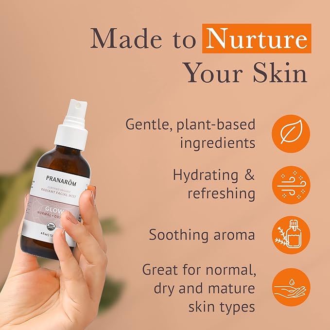 Pranarom Facial Mist (4oz / 120ml) - 100% Pure & Natural Essential Oil Facial Mist for Dry Skin Hydration & Toning (Glow (Dry Skin))