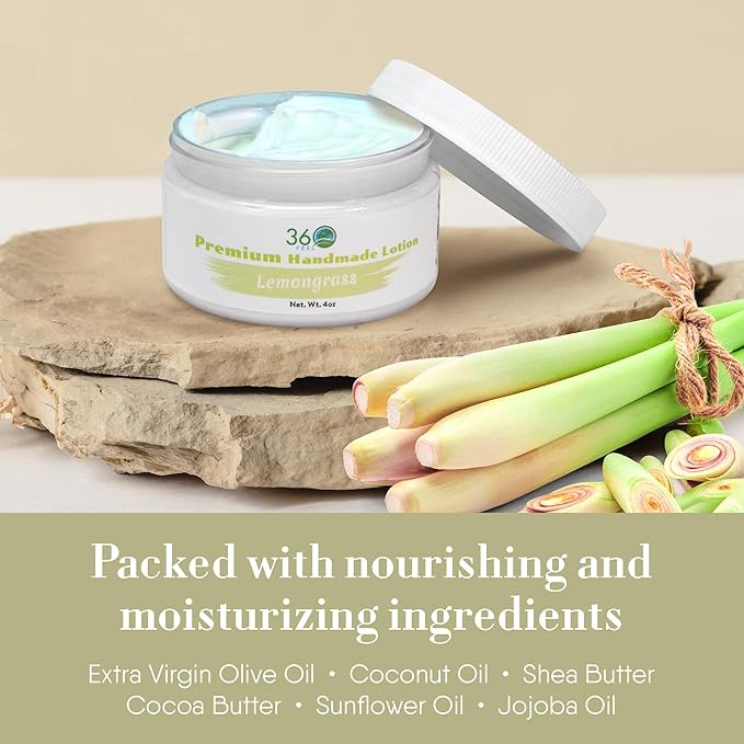 360Feel Lemongrass Body Lotion - Hydrates with Coconut & Olive Oil, Plant-Based, Non-Greasy, Sensitive Skin, All Day Use