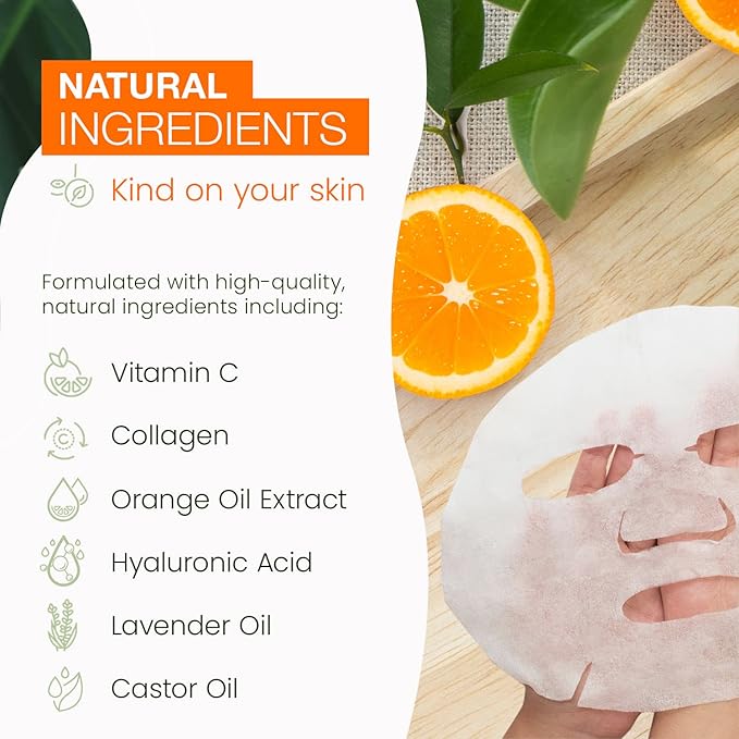 Natural Chemist Vitamin C & Collagen Sheet Face Mask - Brightening, Anti-Aging, Skin Nourishing, Moisturizing, Dermatologist Tested, Cruelty Free Korean Skin Care For All Skin Types - 20 Masks