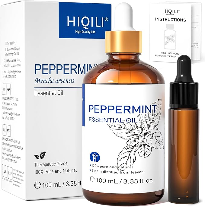 HIQILI Peppermint Essential Oil Add to Spray, Diffuser, Can Enjoy Air Freshening, Use in Kitchen, Bedroom, Office, Extra Free Travel Bottle - 3.38 Fl Oz/100 ML