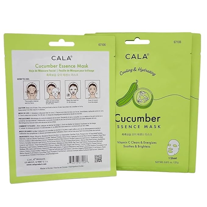 Cala Cucumber Essence Facial Sheet Masks, 5 Pack - Ultra-Thin Hydrating Face Mask Sheets with Cucumber + Watermelon Extract, Sodium Hyaluronate, No Rinse, For Dry/Dull Skin