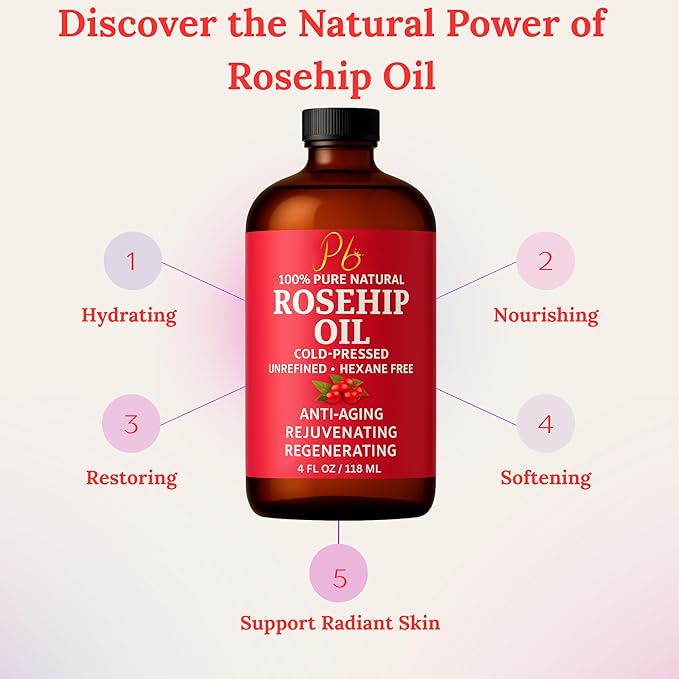 Pomberries Rosehip Seed Oil – Cold-Pressed & Unrefined, Rosehip Oil for Face, Skin & Hair – Rose Hip oil for Scars, Wrinkles, Stretch Marks, Daily Hydration & Gua Sha Massage, 4 fl oz