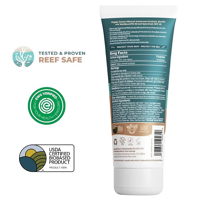 Happy Ocean Kids Mineral Sunscreen SPF 45 – Reef Safe, Non-Toxic Sunscreen for Kids, Non-Greasy Zinc Oxide, Travel Size, Water Resistant, Face & Body