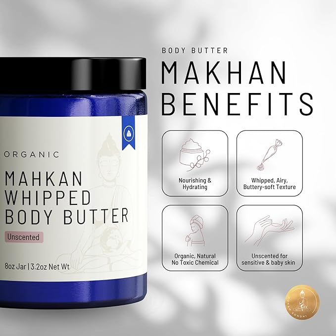 Organic Mahkan Whipped Body Butter 8 oz Jar | Airy & Nourishing Formula | Unscented | Non-Greasy, Deeply Hydrating, Organic & Natural Ingredients (8 oz, Unscented)
