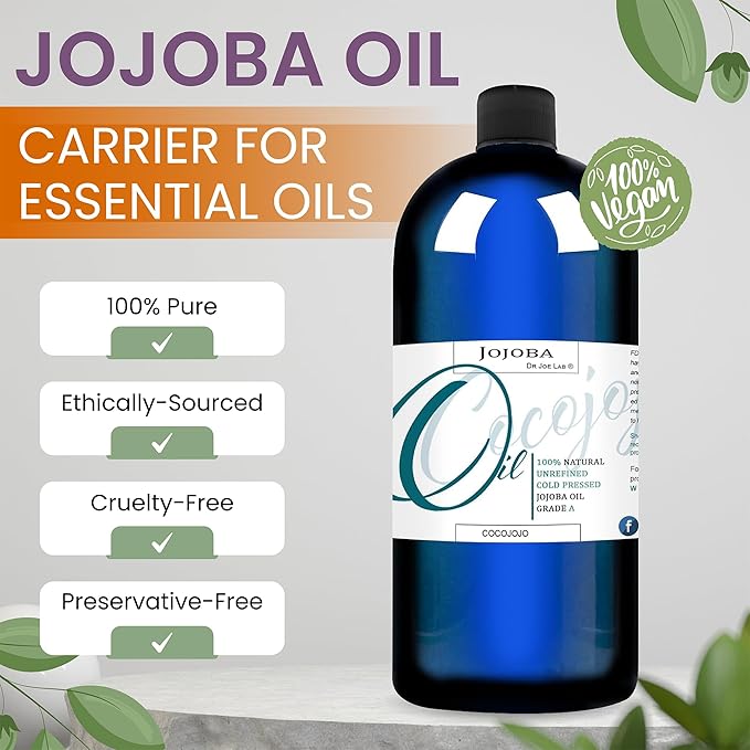 Dr Joe Lab Jojoba Oil 16 oz Pure Natural Cold Pressed Unrefined Extra Virgin - for Hair Skin Body Nail and Beard - Moisturizes, Soothes, Hydrates, & Nourishes