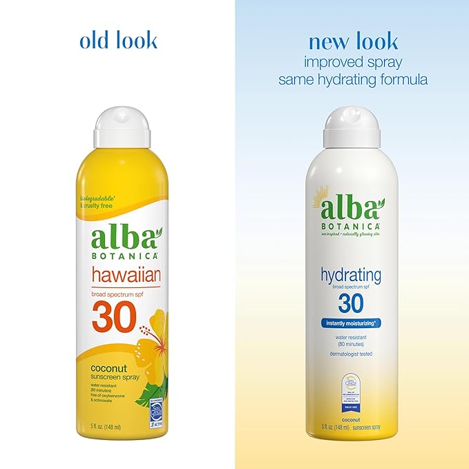 Alba Botanica Sunscreen Spray for Face and Body, Broad Spectrum SPF 30 Sunscreen, Hawaiian Coconut, Water Resistant and Biodegradable, 5 fl. oz. Bottle