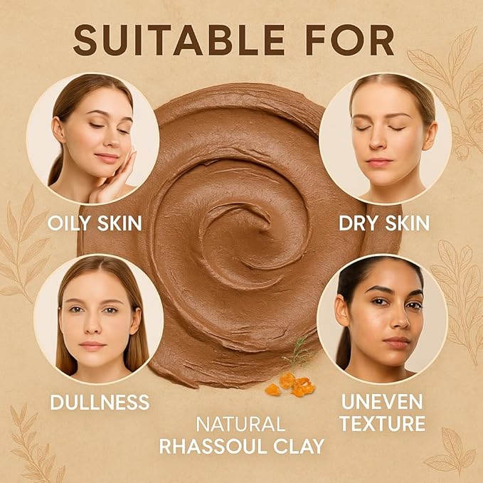 FERIHA Moroccan Rhassoul Clay Mud Mask with Argan Oil & Frankincense | 100% Natural Purifying Mineral Face Mask for Deep Cleansing, Pore Refining & Skin Rejuvenation