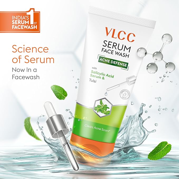 VLCC Acne Serum Face Wash - Facial Cleanser with Salicylic Acid - Gentle Acne Face Wash for Women and Men - Tulsi Extract - 3.38 oz