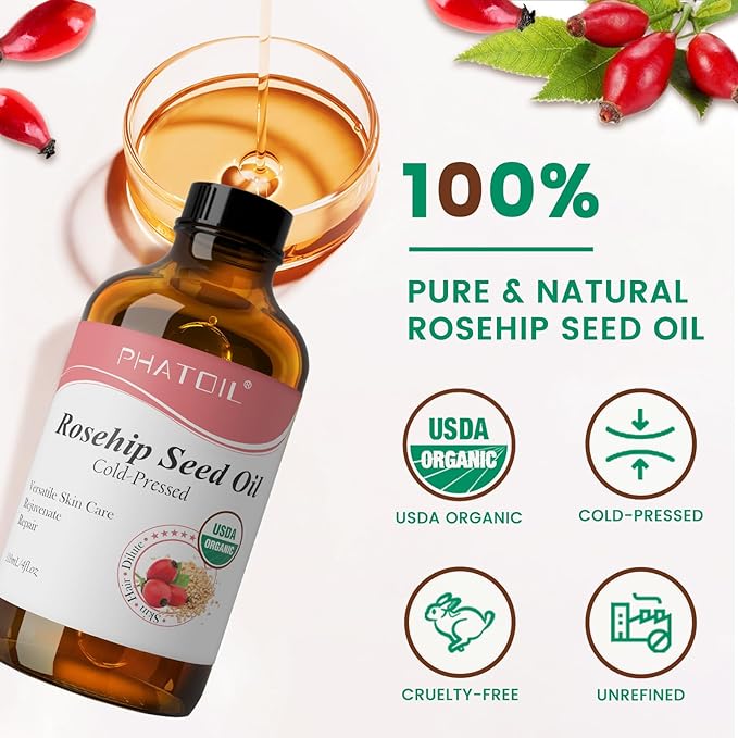 PHATOIL 118ML/4 Oz Organic Rosehip Seed Oil & Jojoba Oil for Skin Face Body Care, Pure and Natural Cold Pressed Base Carrier Oil