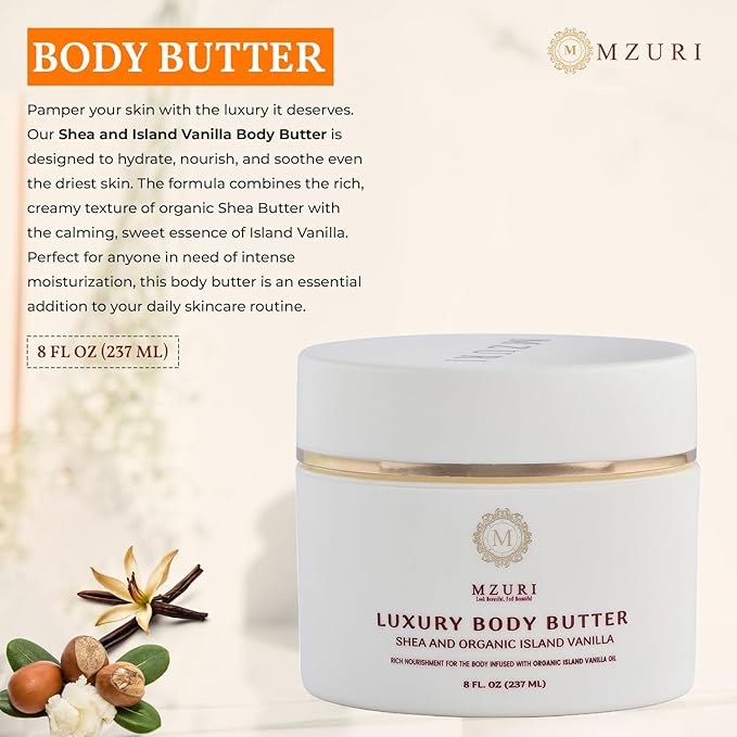 MZURI Body Butter, Whipped Shea and Island Vanilla Blend, Fast-Absorbing, Deep Moisturizing Cream with Essential Oils, Non-Greasy, Natural Skincare for Dry, Glowing Skin, Organic Butter - 8 Fl. Oz