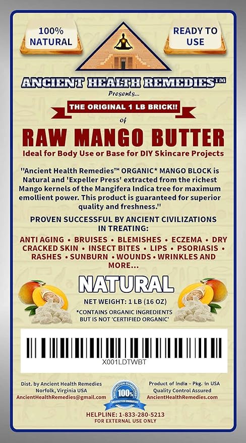Ancient Health Remedies Organic Unrefined Raw MANGO BUTTER 1 LB (16 oz) BLOCK Bulk, Light Mango Aroma, Non-Greasy Base for Beauty, Skin Moisturizing, DIY Base for Body Butters & Hand Cream (INDIA)
