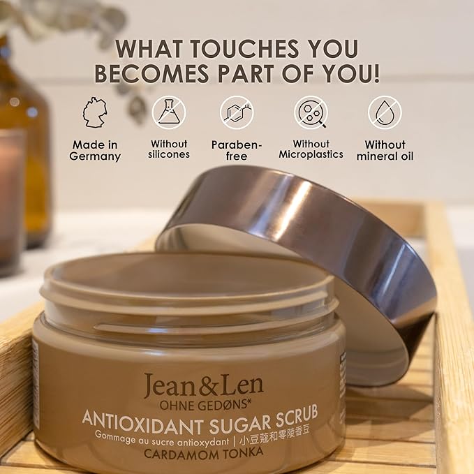 Jean & Len Antioxidant Sugar Scrub Cardamom & Tonka, for a fragrant cleansing experience, with rich oils, minimalistic jar, sugar scrub without parabens & silicones, 6.76 Fl. Oz.