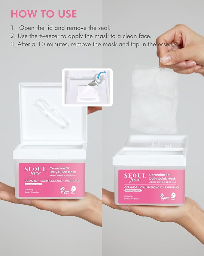 DERMAL Seoul Face Ceramide 5-Min Quick Sheet Mask 36 Count Bulk, Korean Morning Hydrating Pull-Out Dispenser with Tweezers, Skin Barrier Support Face Mask for Makeup Prep, Panthenol Vegan Tencel