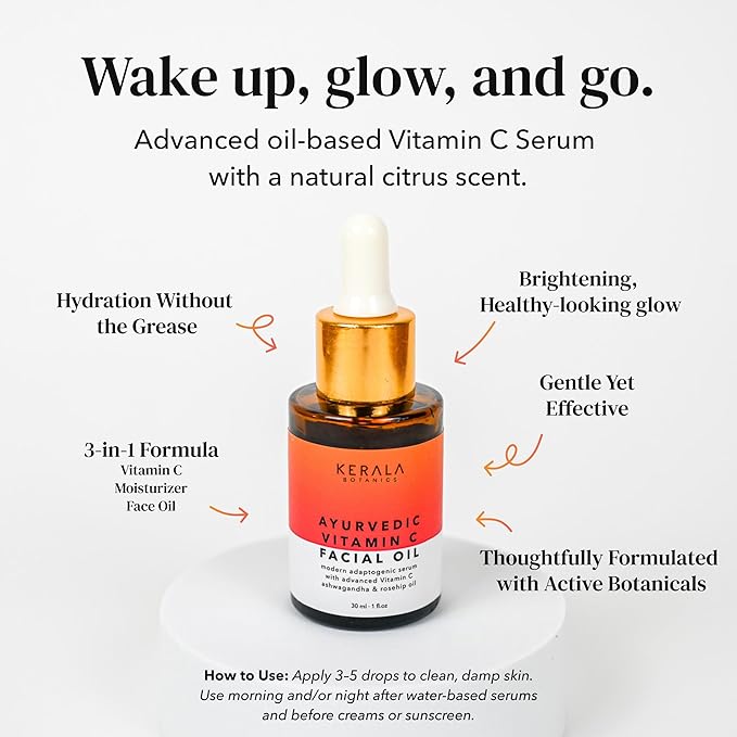Ayurvedic Vitamin C Face Oil with Rosehip Oil, Bakuchiol, Ashwagandha, and Squalane, Hydrating, Brightening, and Repairing Serum for Dark Spots, Fine Lines, and Wrinkles, Clean Luxury Skincare