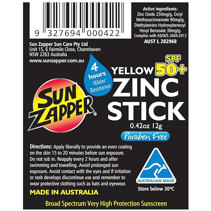 Sun Zapper Zinc Oxide Sunscreen Stick SPF 50+ Yellow – Colored Mineral Sunscreen Stick for Face, Water Resistant Sunblock for Kids and Adults, Travel Size 12g (0.42 oz), Australian Made