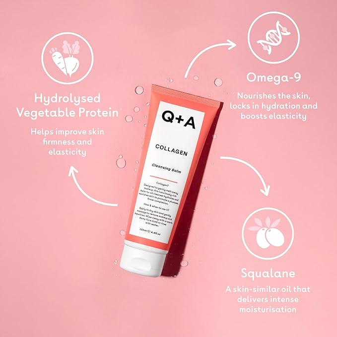 Q+A Collagen Cleansing Balm (125ml), Balm-to-Oil Face Cleanser, Makeup Remover with Squalane and Coconut Oil, Hydrating and Nourishing Face Wash, Promotes Plump and Supple Skin, Vegan Skincare