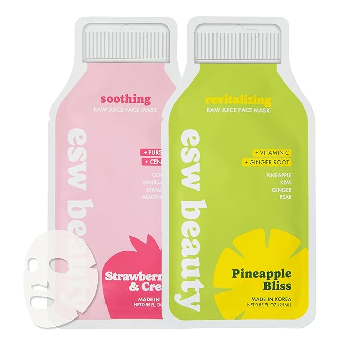 ESW Beauty Revitalizing & Soothing Face Masks - 2-Pack Raw Juice Sheet Mask Set - Radiance & Calming Skincare Set - Includes Pineapple Bliss & Strawberries & Cream