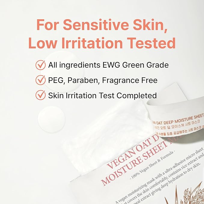 Vegan Oat Deep Moisture Sheet Mask, pH Balanced with Rice & Oat Extracts, Hyaluronic Acid, Plant-Based Microfiber, 5 Sheets