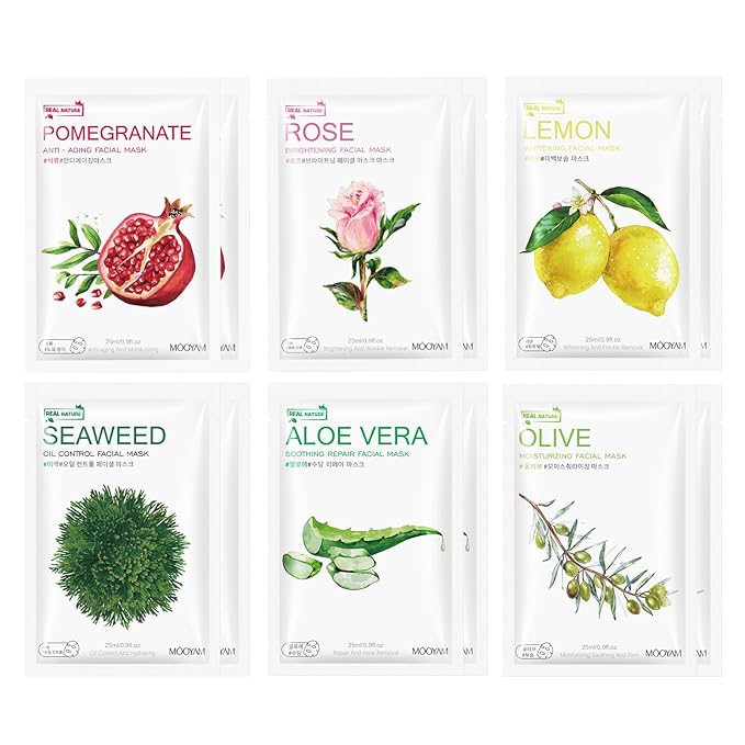 Plants Fruits Face Masks for Women,Aloe Vera Face Mask Hydrating,Moisturizing Rose Facial Masks for Women,Pomegranate Mask Sheet Skincare for All Skin Types(12Pack)
