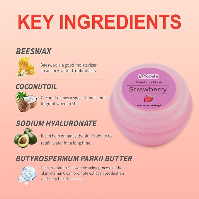 6 Pack Cute Lip Mask Sleeping Overnight for Dry Lips with Coconut Oil and Beeswax -Smoothing Hydrating Softening Plumoing Moisturizing with Small Lip Brush 6 Flavors Valentine's Gift for Women 0.18 Oz