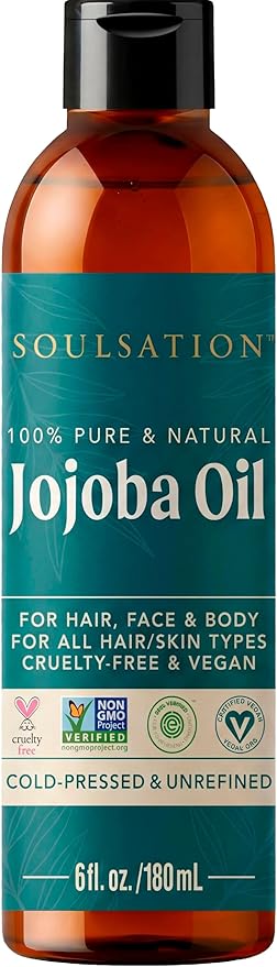 SOULSATION Pure Jojoba Oil for Skin, Hair, Face & Body – 100% Natural, Cold Pressed, Unrefined | Non-GMO, EWG Verified, Cruelty-Free, Vegan Moisturizing Oil for Dry Skin, Scalp & Beard 6oz