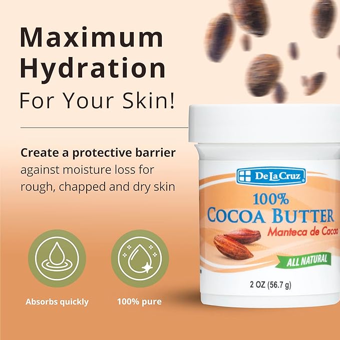 De La Cruz Cocoa Butter - 100% Pure and Natural Cocoa Butter For Dry, Rough Skin - All Natural Hydrating Moisturizer, 2 OZ (Jar - 1 Count, 2 Ounce)