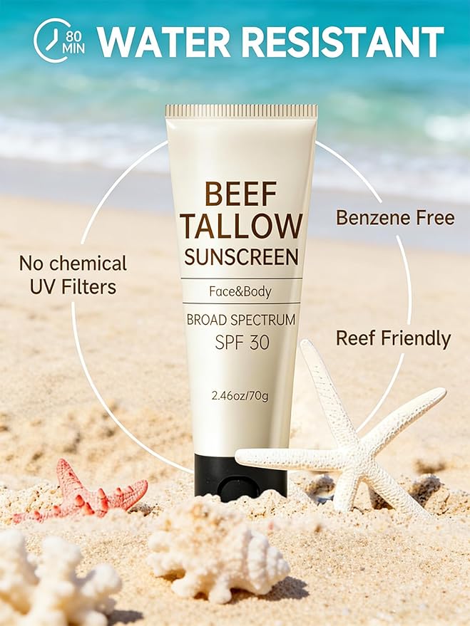 Tallow Sunscreen, Sunscreen for Face, SPF30 Natural Reef Safe Face Body Beef Tallow Sunblock, Non Greasy Clean Travel Sun Screen Sunblock for Summer Outdoor Travel, 2.46 OZ
