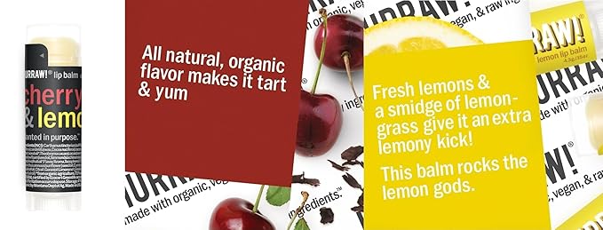 Hurraw! Cherry & Lemon Combo Lip Balm: Organic, Certified Vegan, Cruelty and Gluten Free. Non-GMO, 100% Natural Ingredients. Bee, Shea, Soy and Palm Free. Made in USA