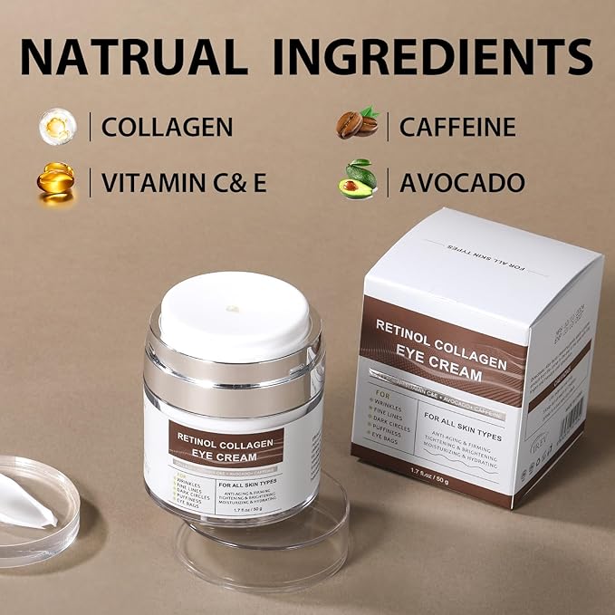 Eye Cream with Retinol Collagen for Wrinkles, Avocado for Hydrating, Caffeine and Vitamin C for Dark Circles and Puffiness, Moisturizer for Women, Nourishing Repair Anti Aging Cream