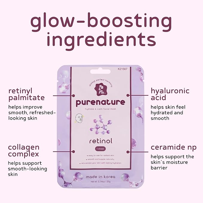 PB & JAY Purenature Facial Mask – Premium Quality Korean Sheet Mask for Smoother-Looking Skin – Korean Collagen Essence Renewal Facemask Sheet (Retinol)
