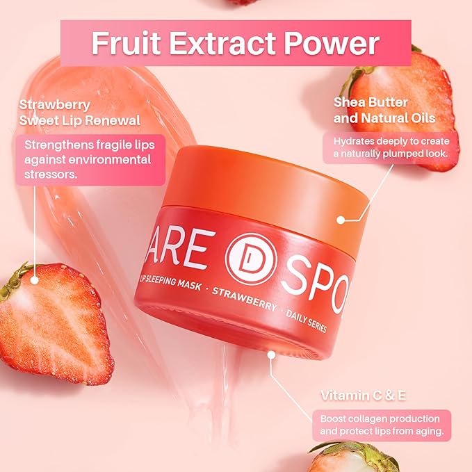 SPODARE Sleeping Lip Mask Strawberry - Overnight Lip Treatment, Lip Care Hydration, Repair for Dry Cracked Lips, Vitamin C, Soft and Nourished Lips Overnight, Christmas, with Shea Butter - 0.42 Fl Oz