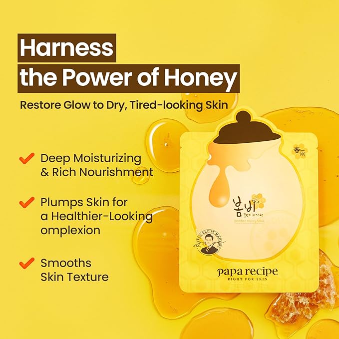 Papa Recipe Bombee Honey Mask Pack 25g * 10 sheets - Sheet Mask, Facial Skin Care, Deep Moisturizing Serum for Dry Skin - Korean Skin Care, K-Beauty, Ampoule Solidified, For radiant skin