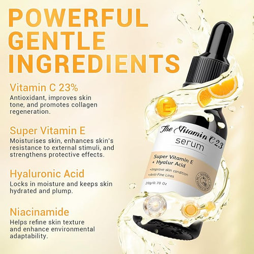 23% Vitamin C Serum - Vitamin E & Hyaluronic Acid Blend - Hydrating & Skin-Improving Formula, Reduces Wrinkles/Fine Lines, Evens Skin Tone - Gentle for All Skin Types, Promotes Smooth, Radiant Skin