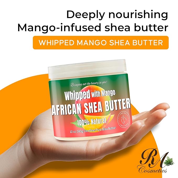 RA COSMETICS Whipped Shea Butter with Mango Extract – 100% Unrefined Shea Body Butter from Ghana – Moisturizes Skin, Nourishes & Conditions Hair, Scalp – Softens and Smooths Lips, Hands & Feet – 12oz