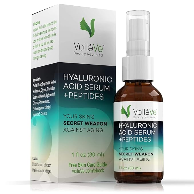 VoilaVe Hyaluronic Acid Serum for Face - 100% Pure, Hydrating & Anti-Aging Formula with Collagen Peptides - Plumps, Moisturizes, Reduces Wrinkles & Dark Spots - Non-Greasy, Paraben-Free, 1 fl. oz
